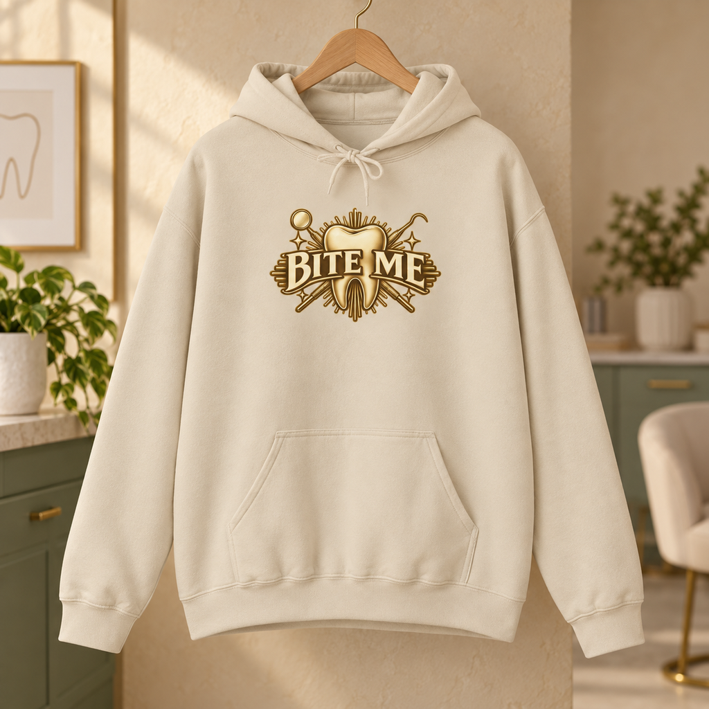 Bite Me Crest Hoodie in Sand — garment in warm staff lounge