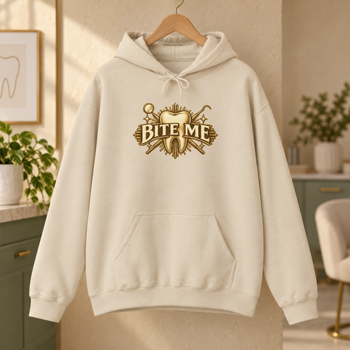 Bite Me Crest Hoodie in Sand — garment in warm staff lounge