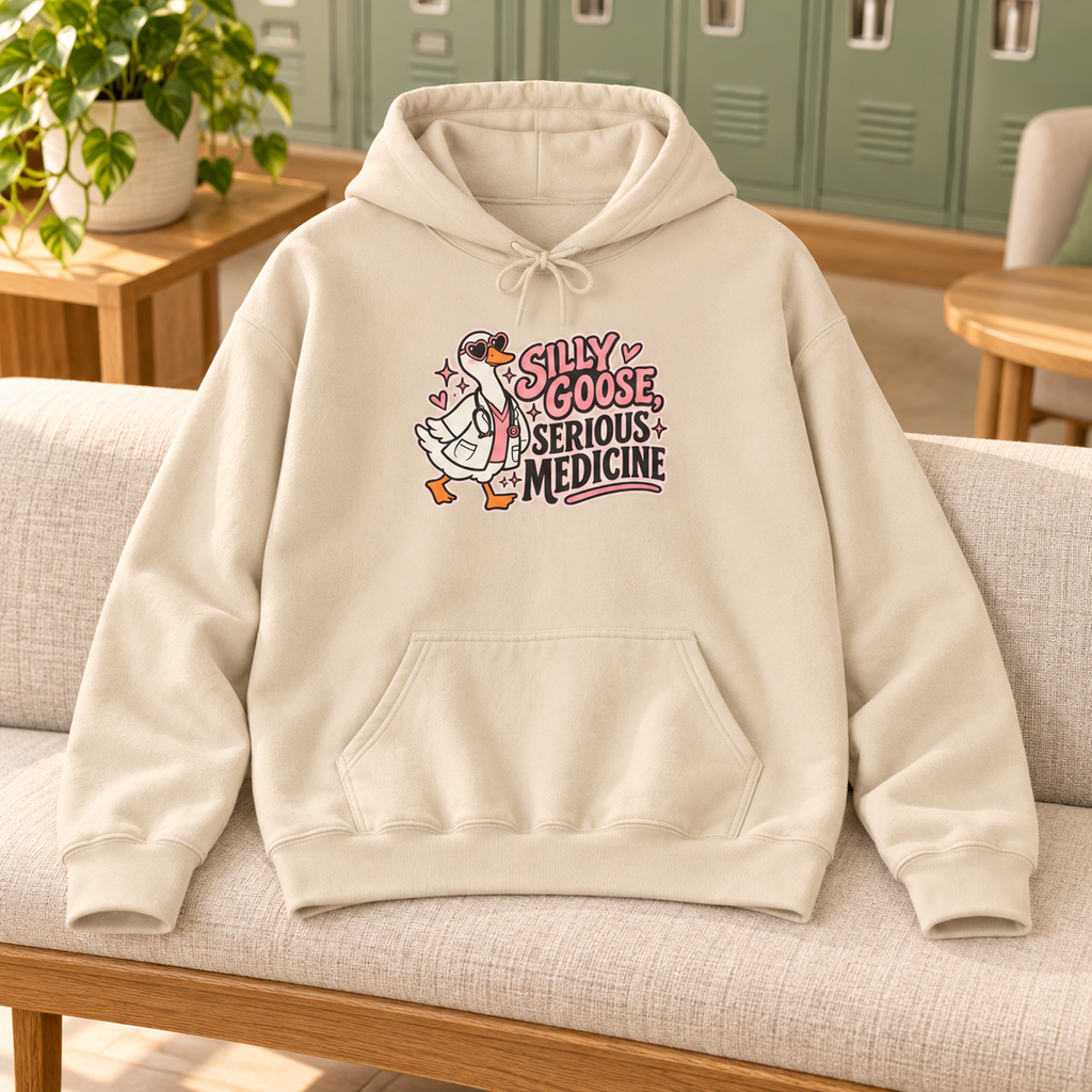 Silly Goose Serious Medicine Hoodie in Sand — garment in warm staff lounge