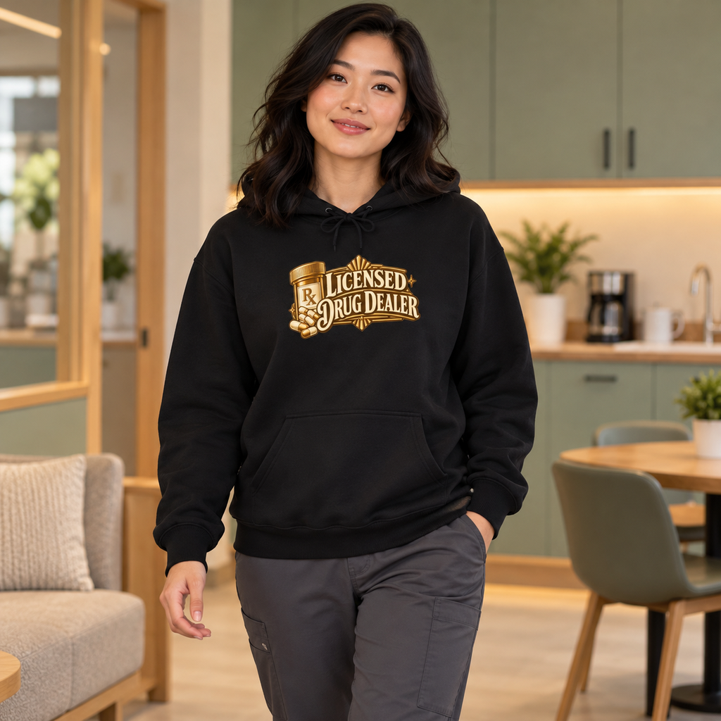 Licensed Drug Dealer Hoodie in Black — model wearing medical scrubs