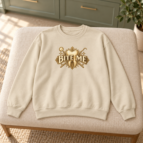 Bite Me Crest Sweatshirt in Sand — product in warm setting