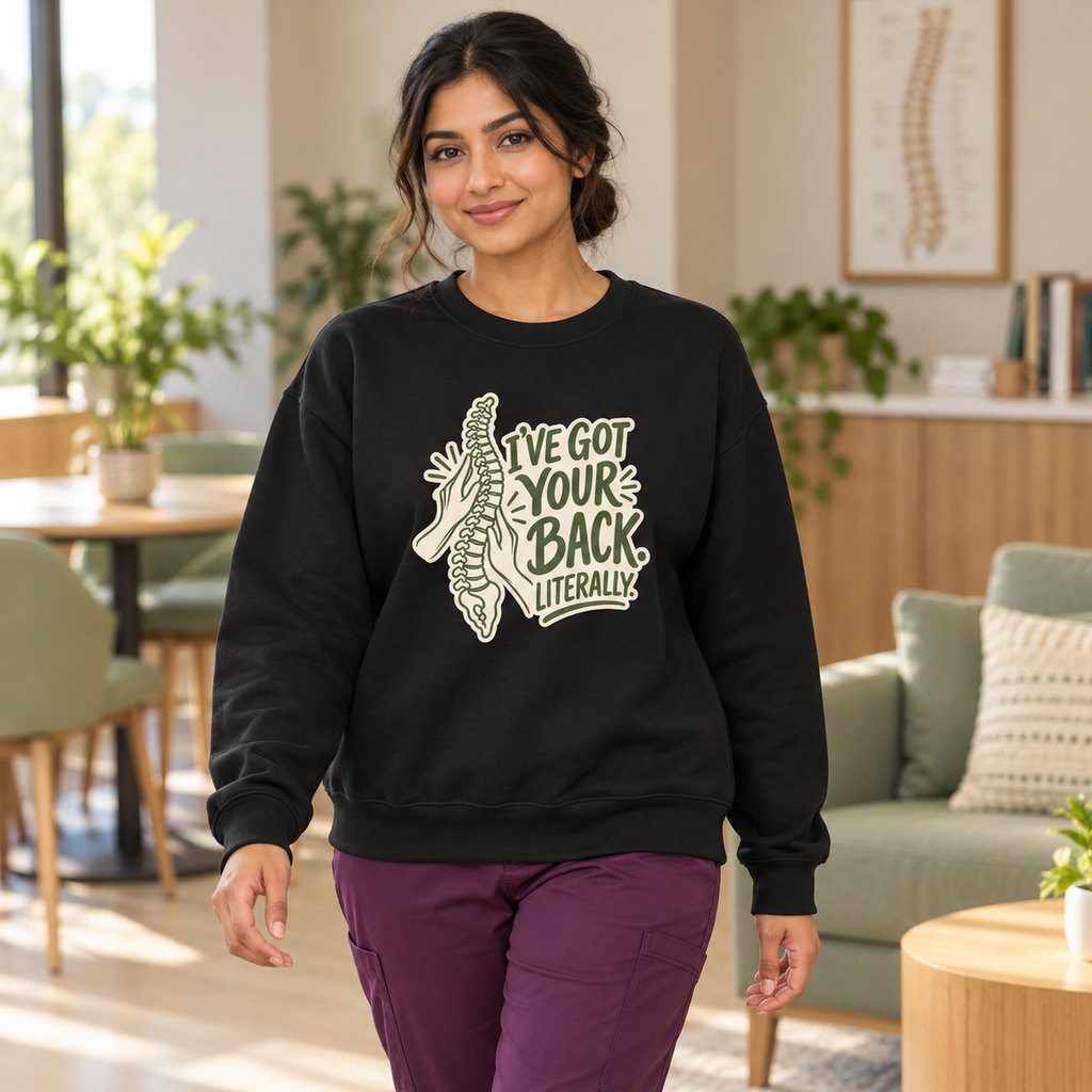 I've Got Your Back Literally Sweatshirt in Black — model in warm medical setting