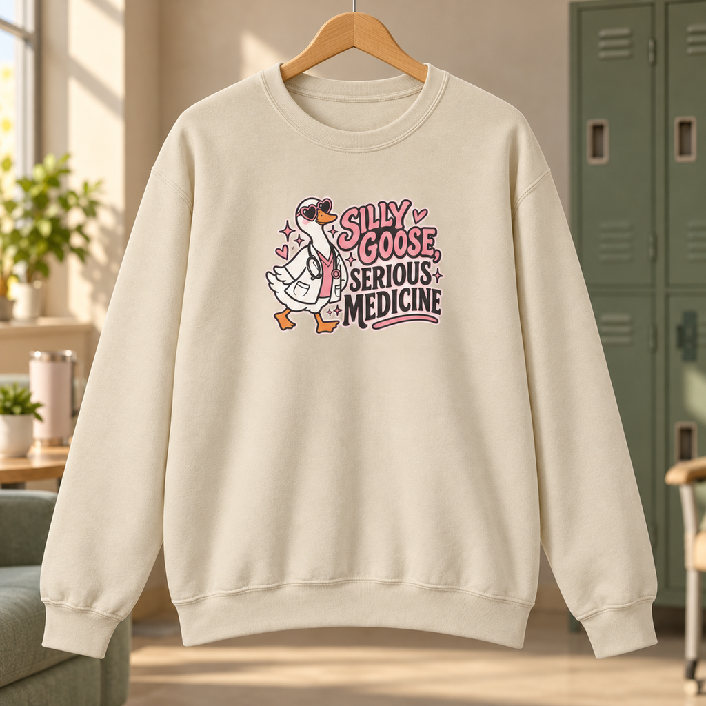 Silly Goose Serious Medicine Sweatshirt in Sand — product in warm setting