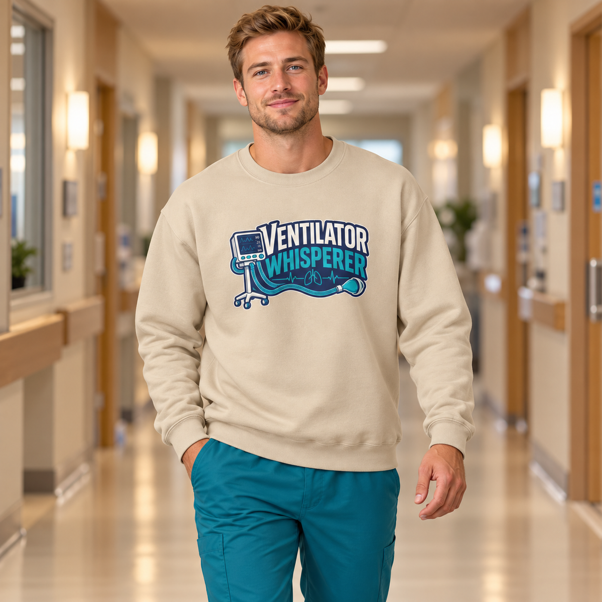 Ventilator Whisperer Sweatshirt in Sand — model in warm medical setting