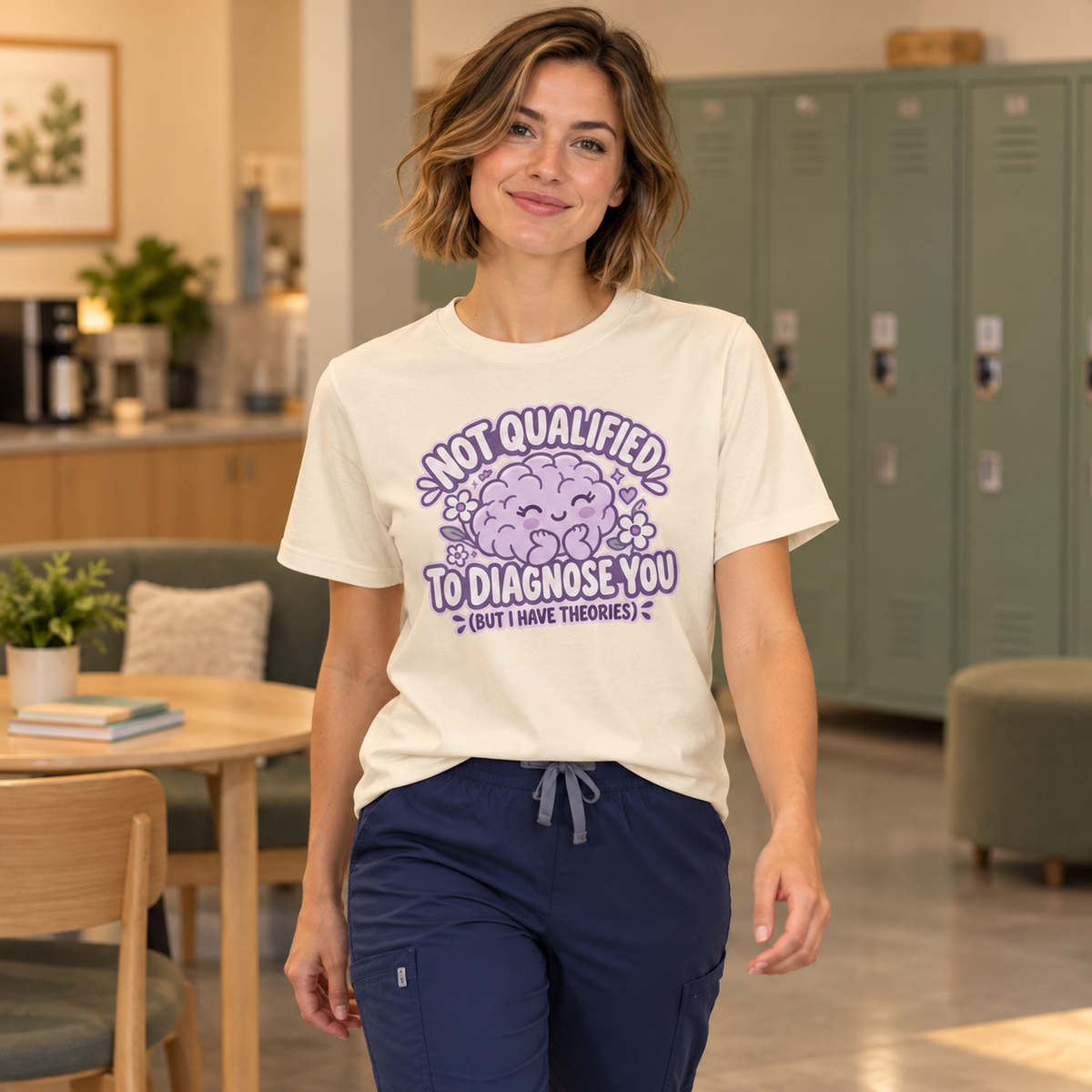 Not Qualified to Diagnose You Shirt in Ivory — model in warm medical setting