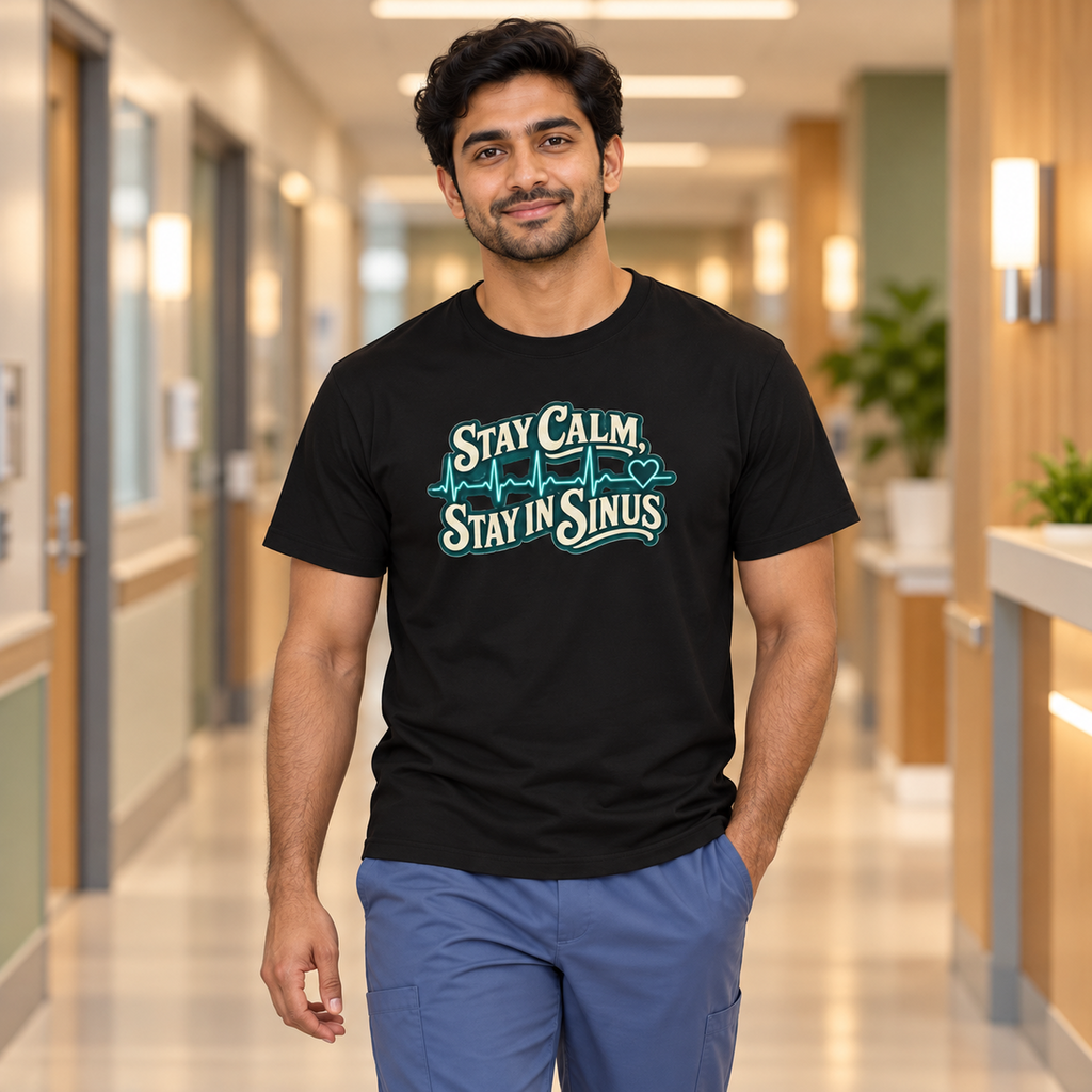 Stay Calm Stay in Sinus Shirt in Black — model in warm medical setting