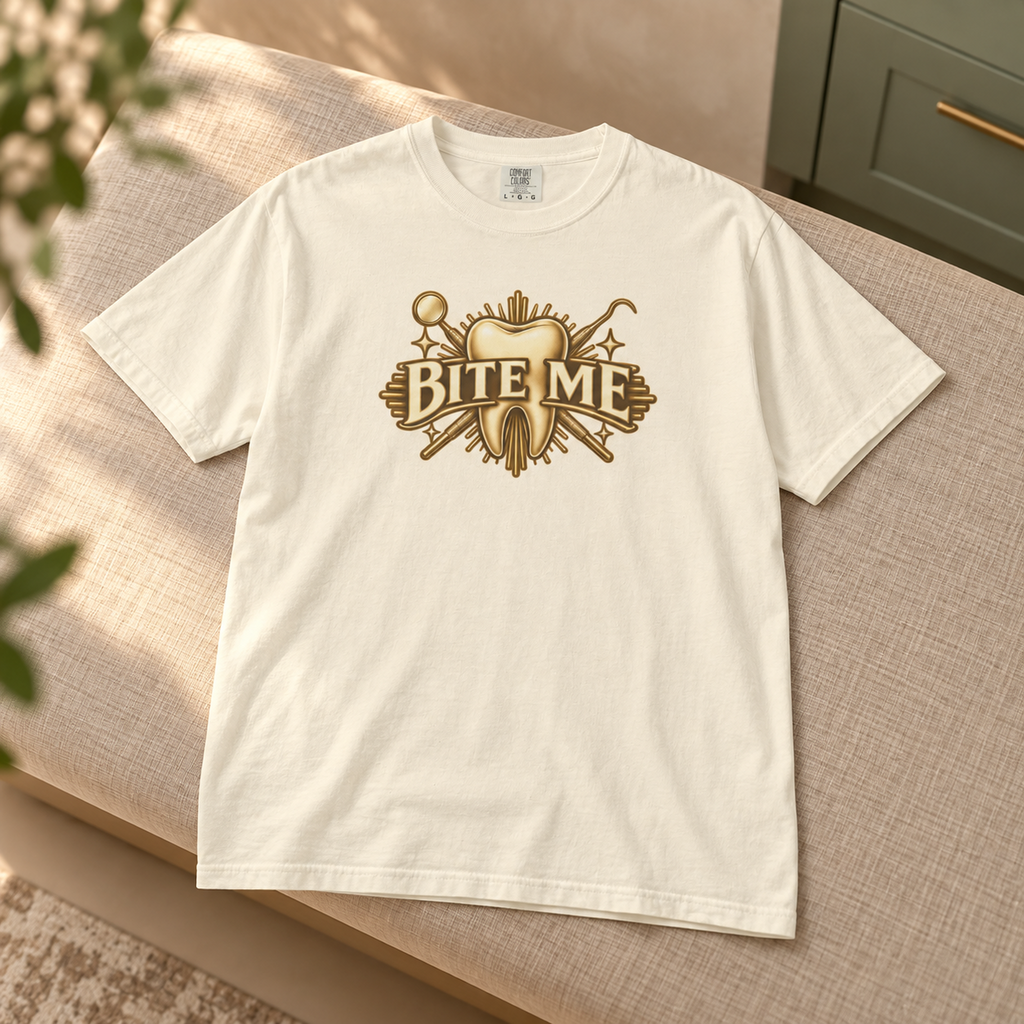 Bite Me Crest Shirt in Ivory — product in warm setting