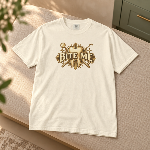 Bite Me Crest Shirt in Ivory — product in warm setting