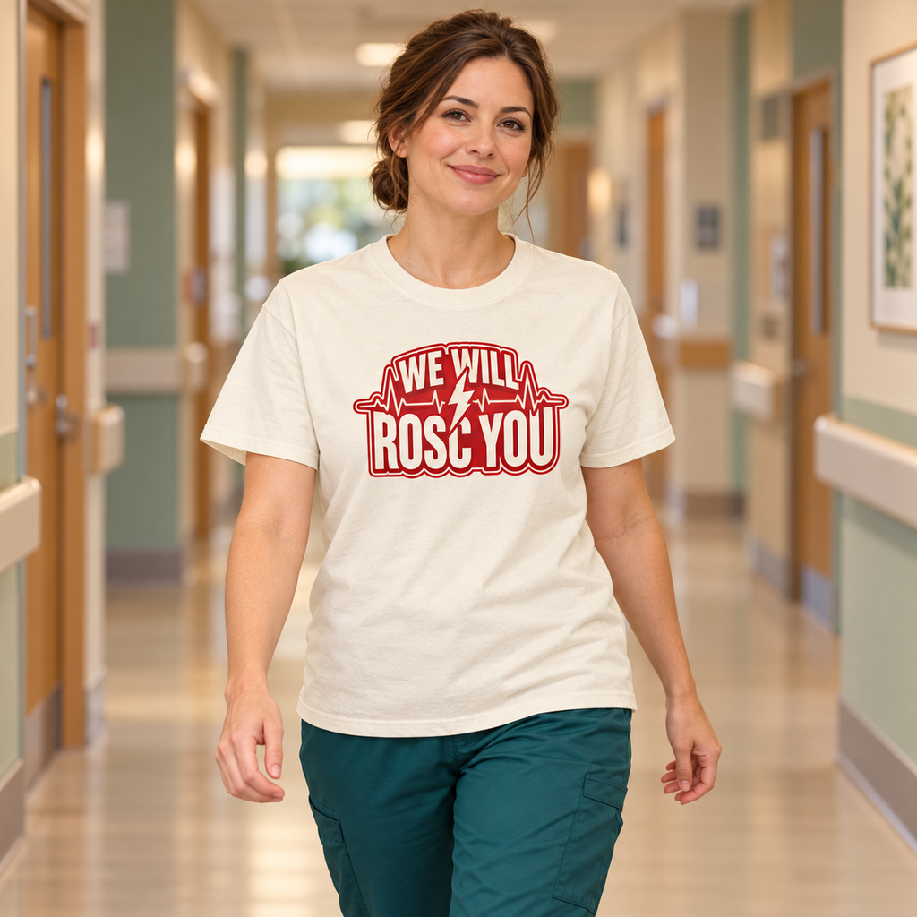 We Will ROSC You Shirt in Ivory — model in warm medical setting