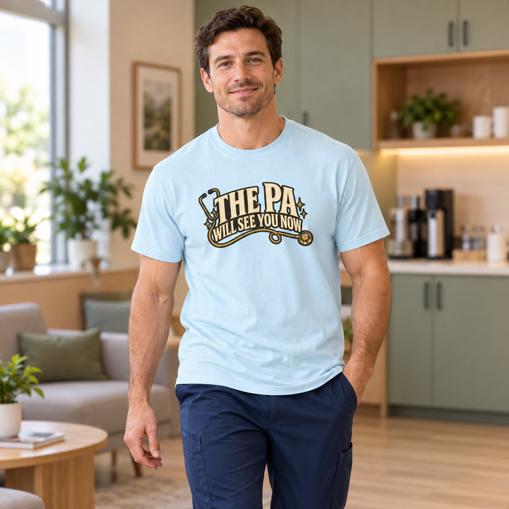 The PA Will See You Now Shirt in Chambray — model in warm medical setting