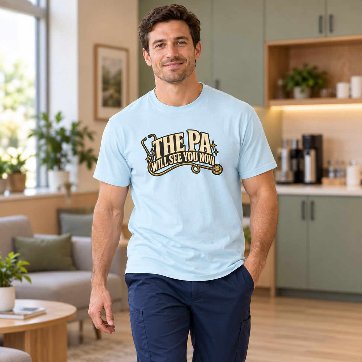 The PA Will See You Now Shirt in Chambray — model in warm medical setting