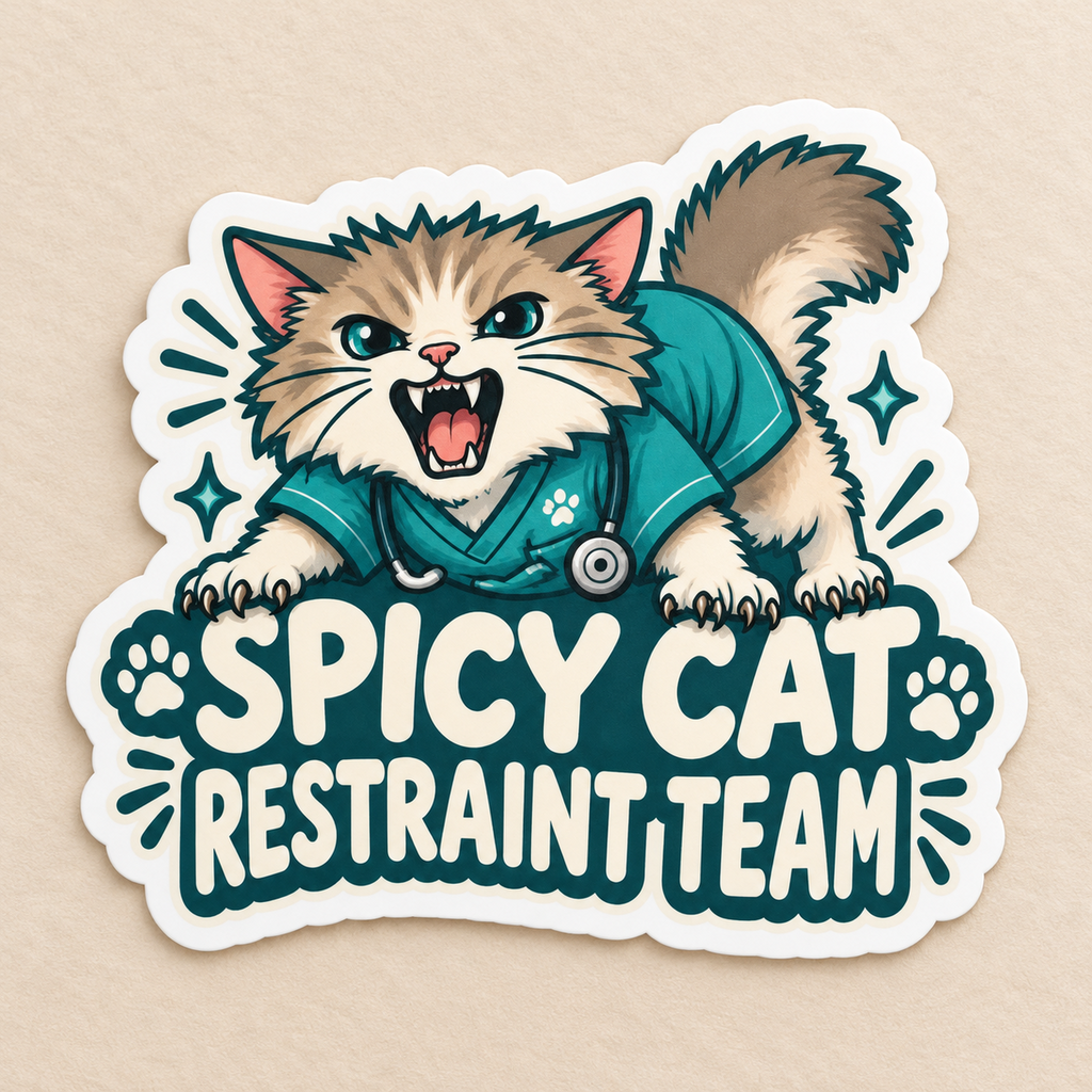 Spicy Cat Restraint Team Sticker — product in warm setting