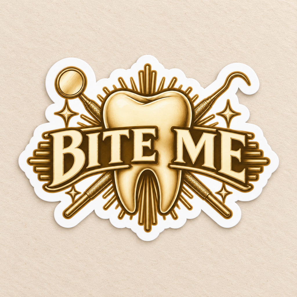 Bite Me Crest Sticker — product in warm setting