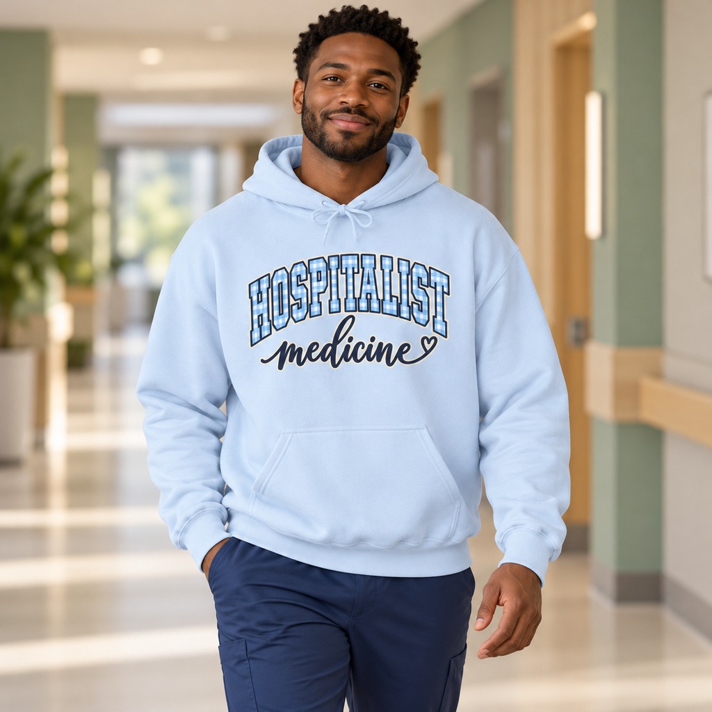 Hospitalist Gingham Hoodie in Light Blue — model in warm medical setting
