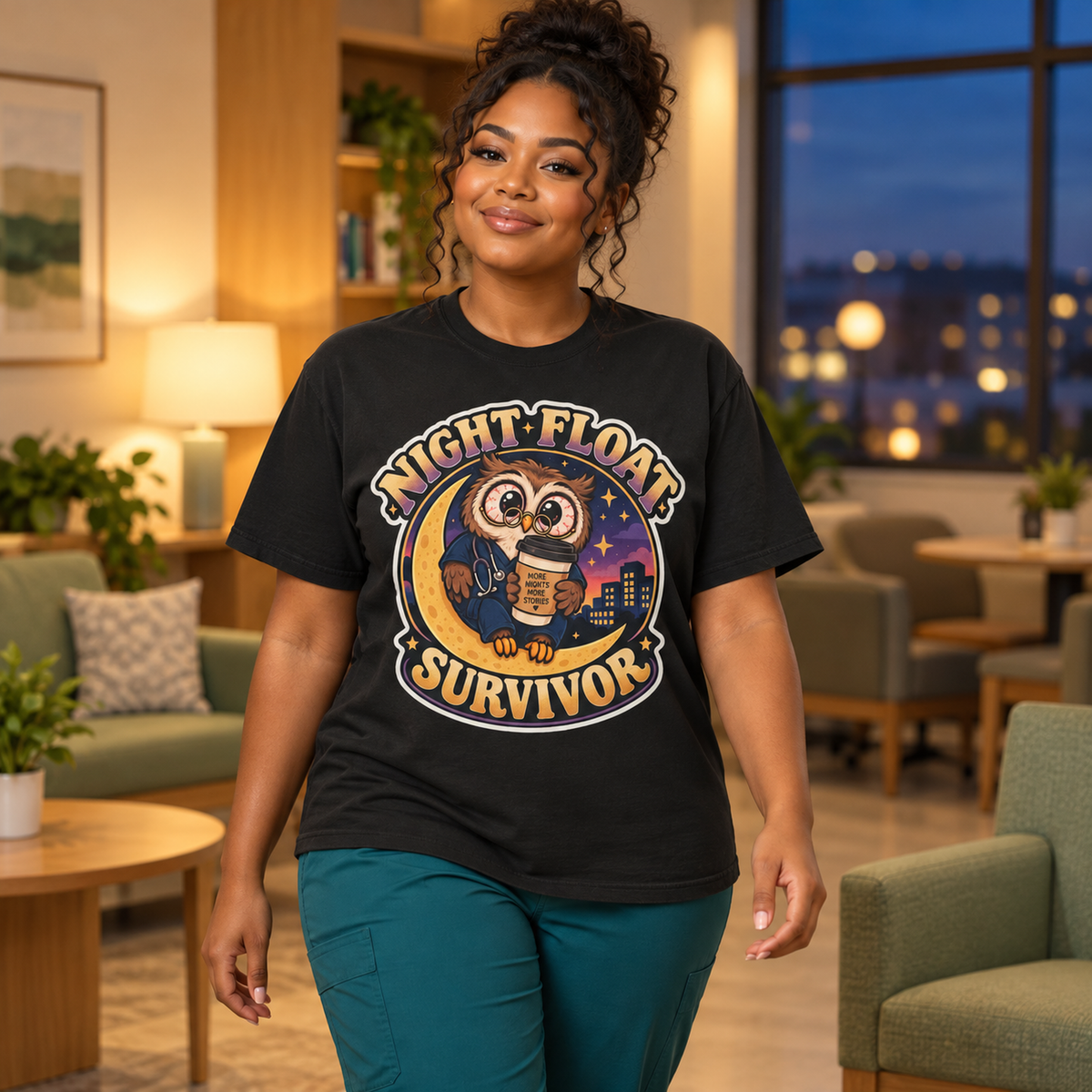 Night Float Survivor Shirt in Black — model in warm medical setting