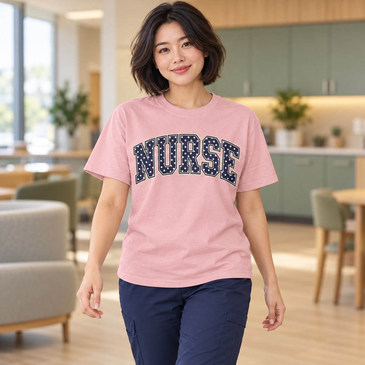 Nurse Polka Dot Varsity Shirt in Blossom — model in warm medical setting