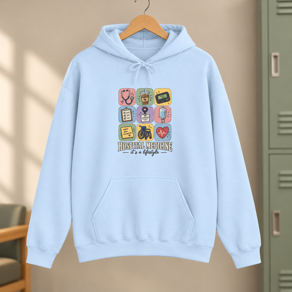 Hospital Medicine It's a Lifestyle Hoodie in Light Blue — product in warm setting