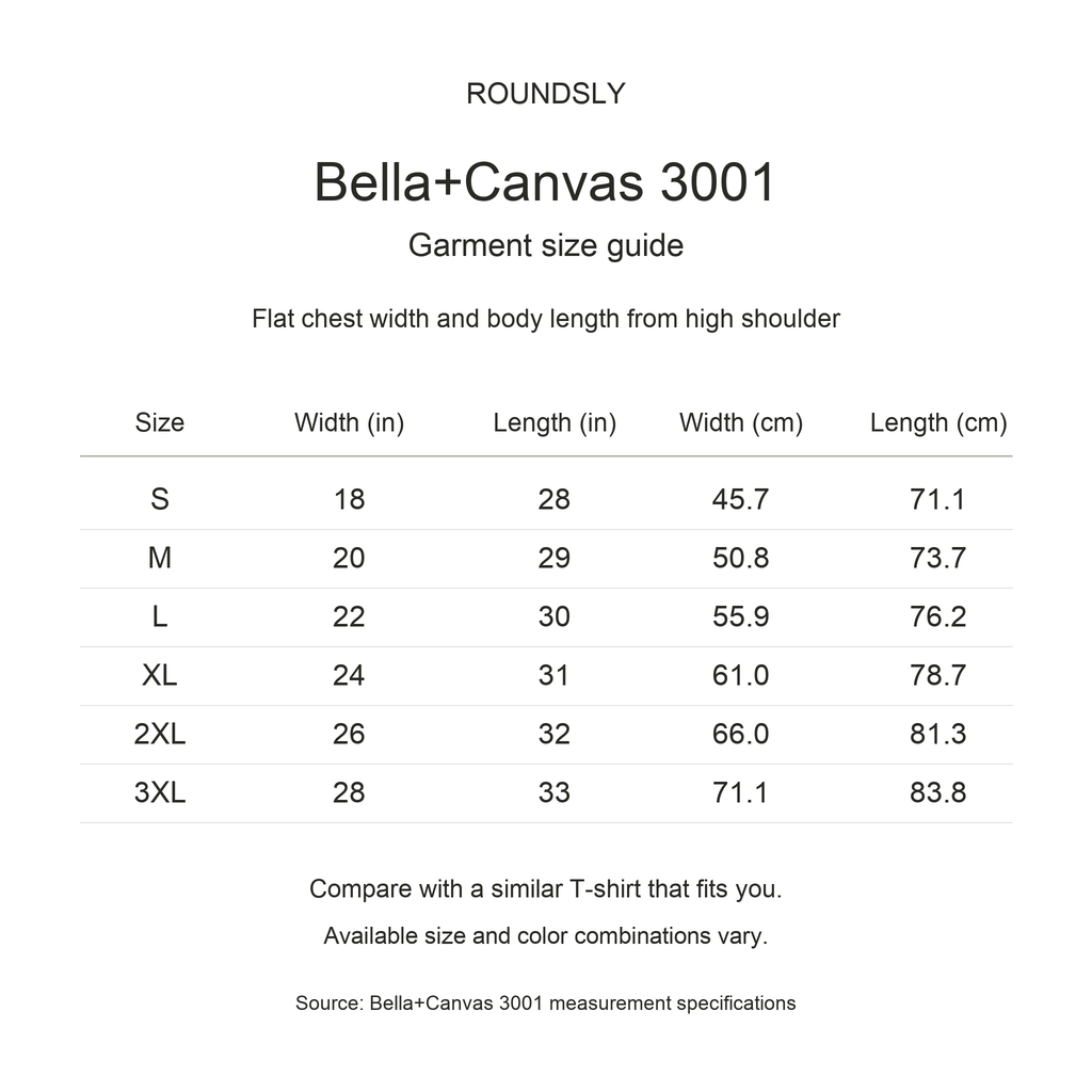 Bella Canvas 3001 garment size chart, width and length in inches and centimeters, S to 3XL
