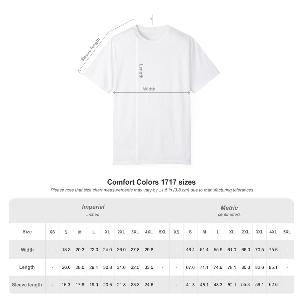 Comfort Colors 1717 size chart — width, length and sleeve measurements in inches and centimeters