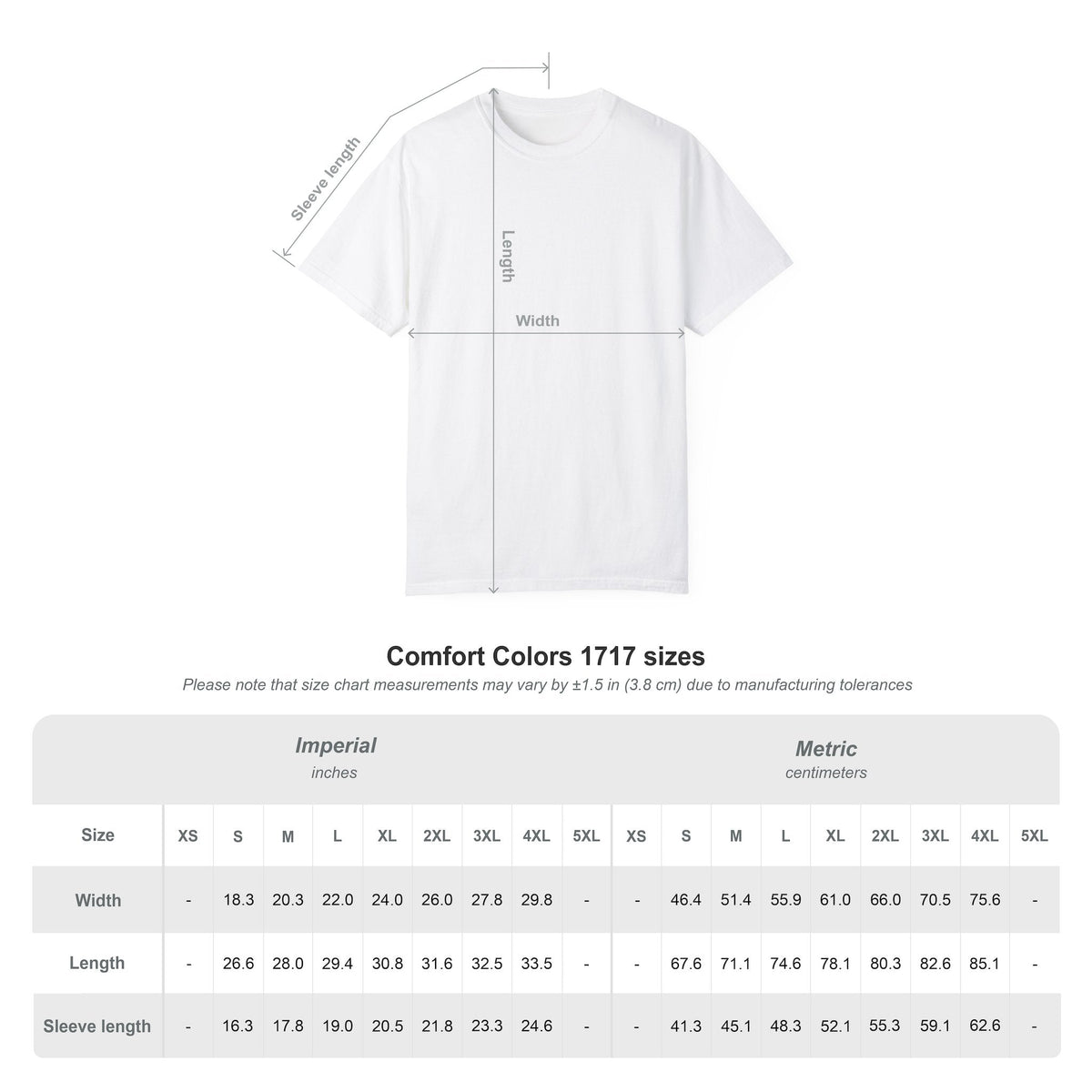 Comfort Colors 1717 size chart — width, length and sleeve measurements in inches and centimeters
