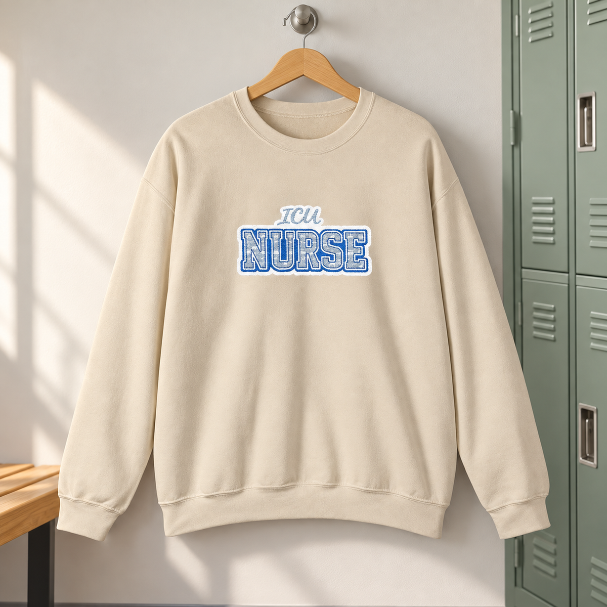 ICU Nurse Collegiate Embroidered Sweatshirt — product-only view in a calm medical setting