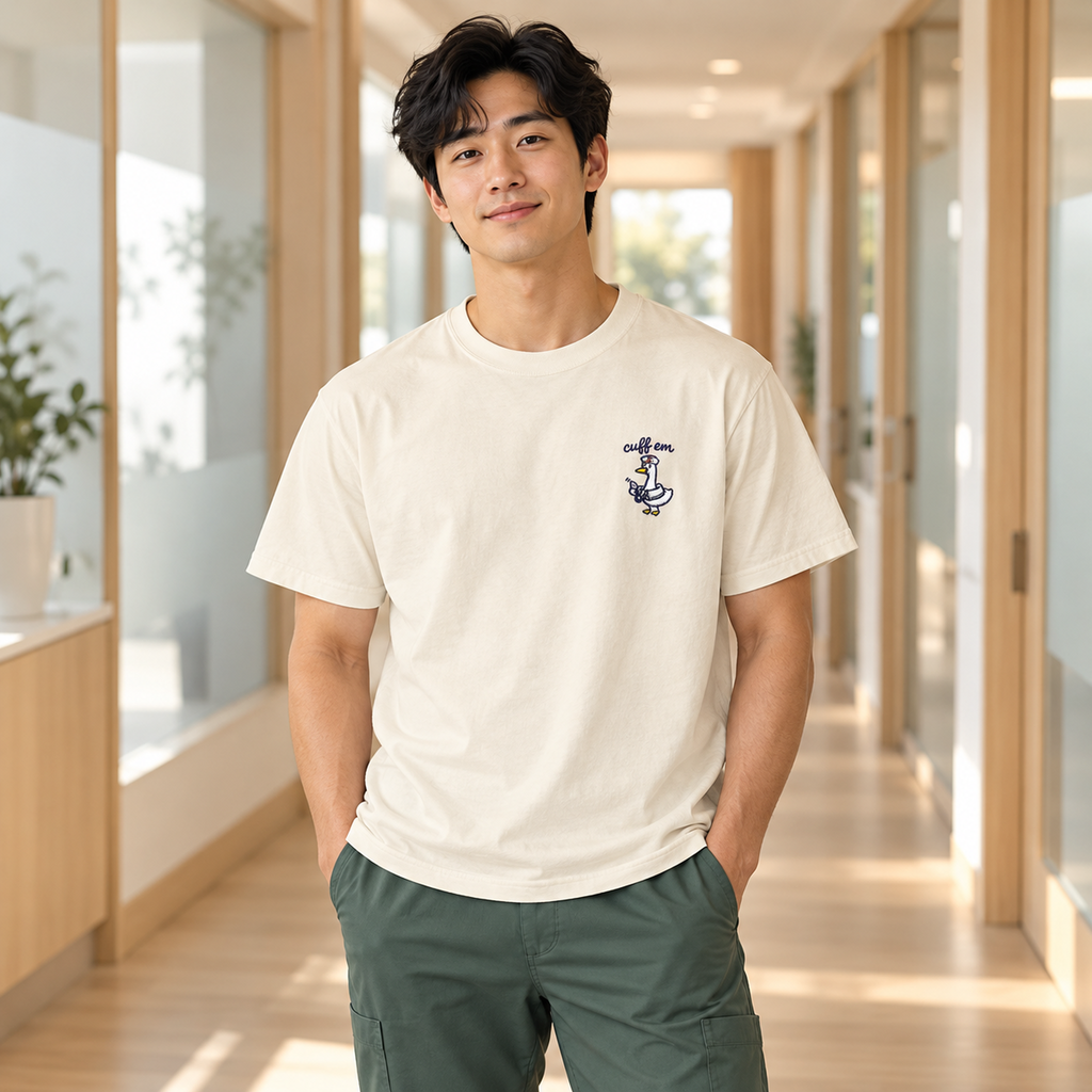 Cuff Em Goose Embroidered Shirt — healthcare model in a calm medical setting