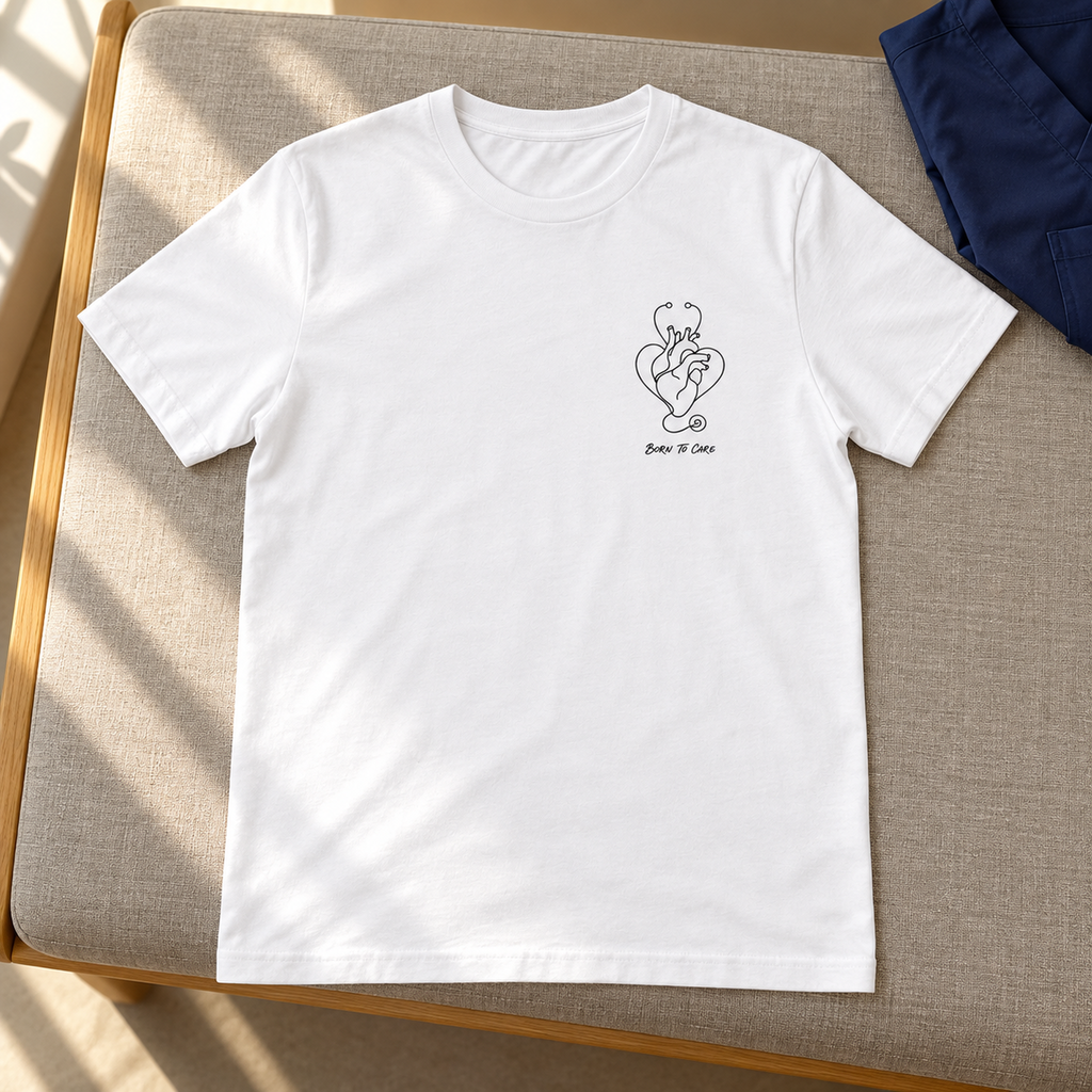 Born to Care Heart Stethoscope T-Shirt — product cover in a calm medical setting