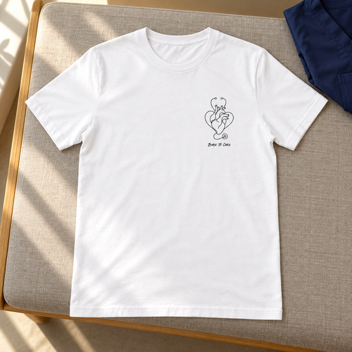 Born to Care Heart Stethoscope T-Shirt — product cover in a calm medical setting