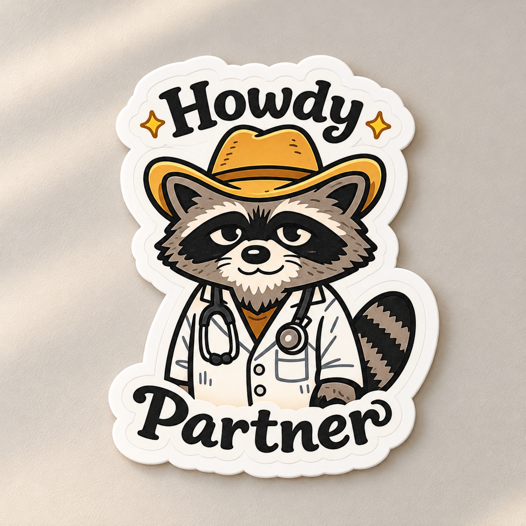 Howdy Partner Raccoon Doctor Sticker — product cover in a calm medical setting