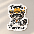 Howdy Partner Raccoon Doctor Sticker — product cover in a calm medical setting