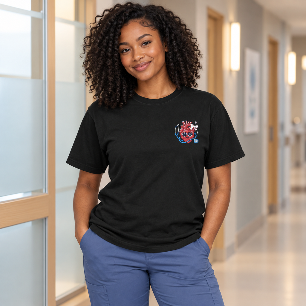 Cute Anatomical Heart Embroidered Shirt — model cover in a calm medical setting
