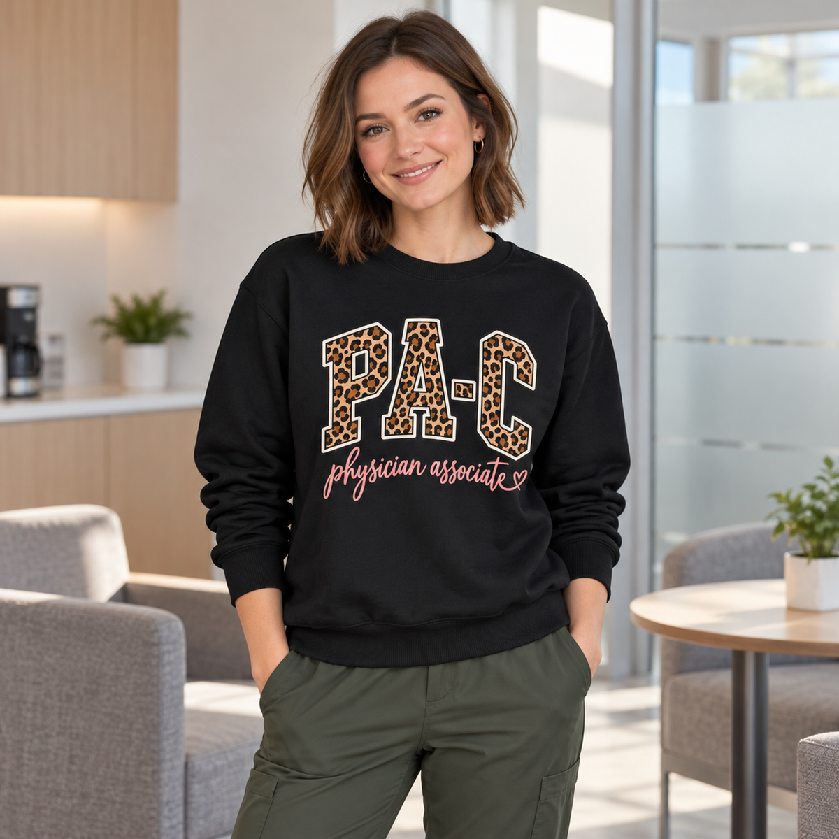 PA-C Leopard Sweatshirt — model cover in a calm medical setting