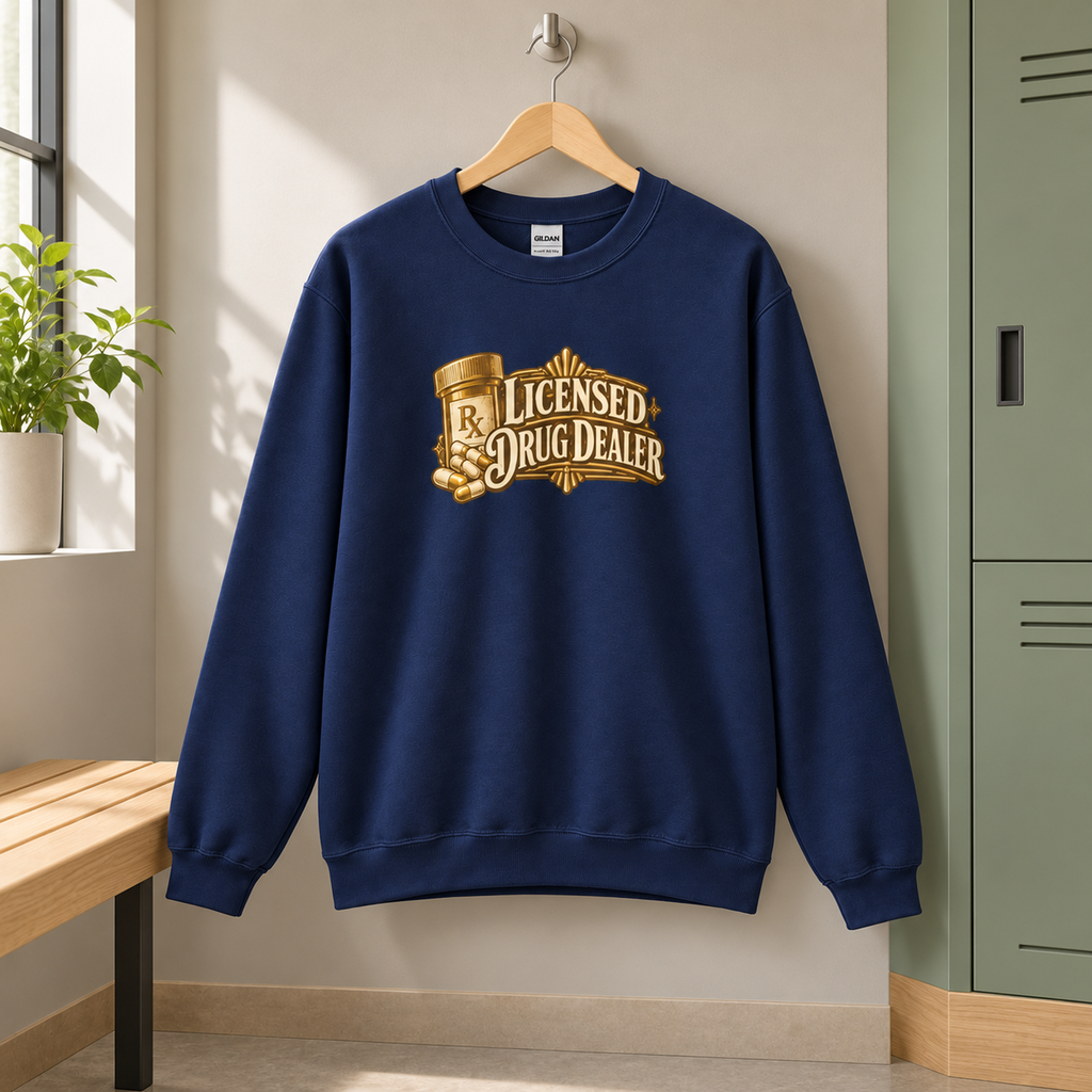 Licensed Drug Dealer Sweatshirt — product cover in a calm medical setting