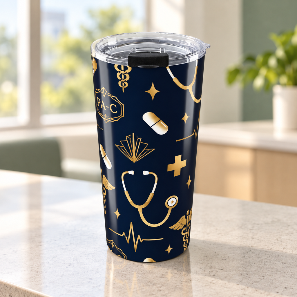 PA-C Stethoscope and Caduceus Tumbler — styled product cover in a calm medical or cozy setting