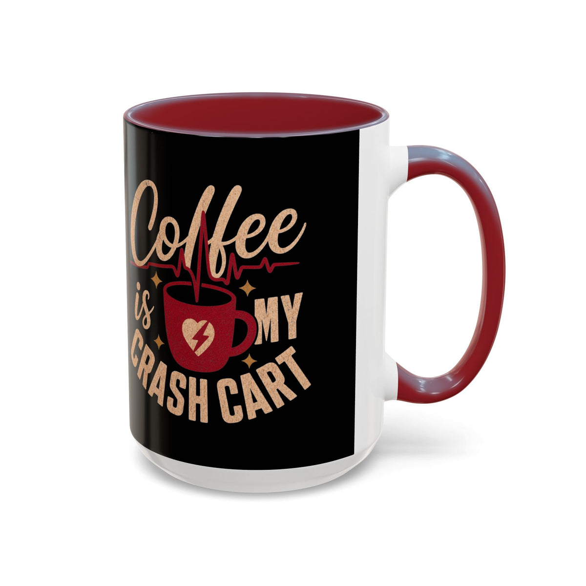 Maroon accent Coffee Is My Crash Cart mug, 15 oz native product photograph on white