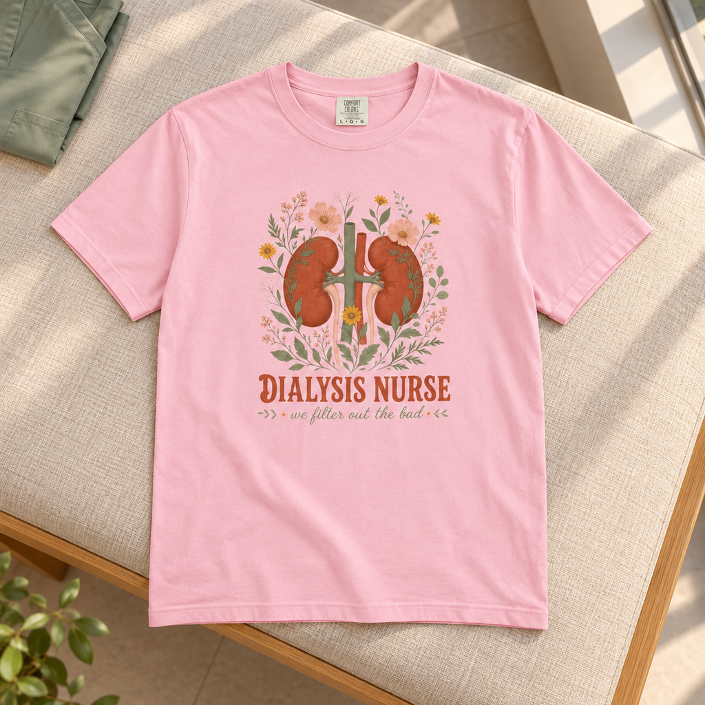 Blossom pink Dialysis Nurse tee styled on an oatmeal bench cushion in a calm staff lounge