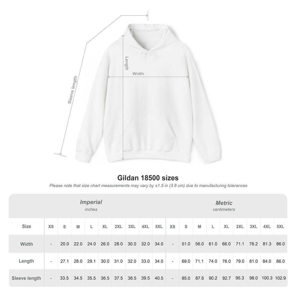 Gildan 18500 hoodie size chart in inches and centimeters, sizes S through 5XL
