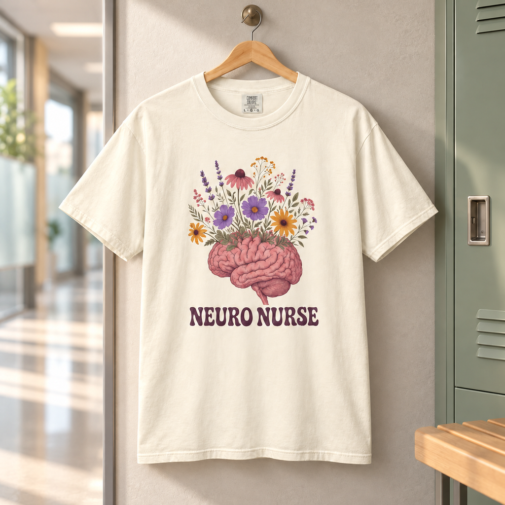 Ivory Neuro Nurse floral brain tee on a wooden hanger in a softly lit medical staff lounge
