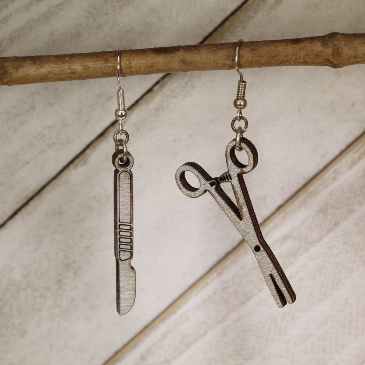Scalpel and Forceps Wooden Earrings | Medical Surgical Jewelry