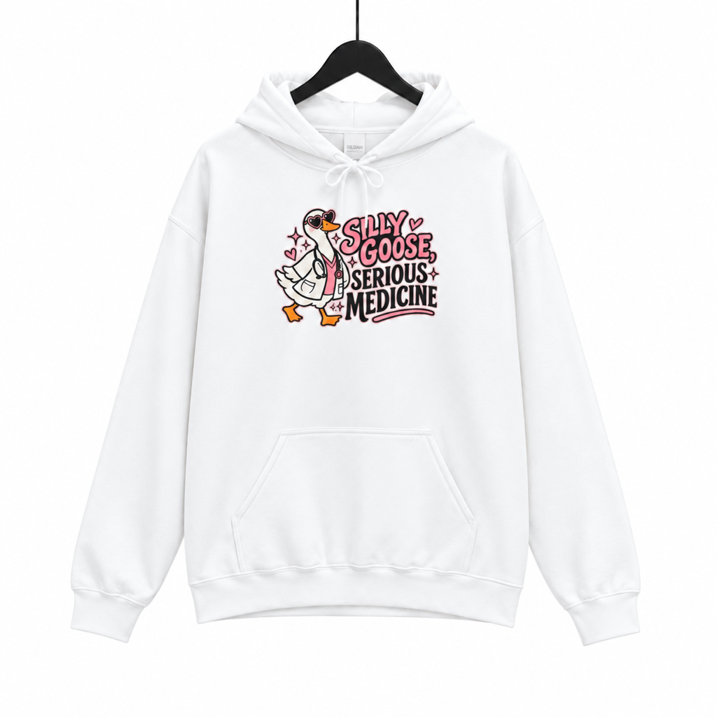 Silly Goose Serious Medicine Hoodie on hanger, white background