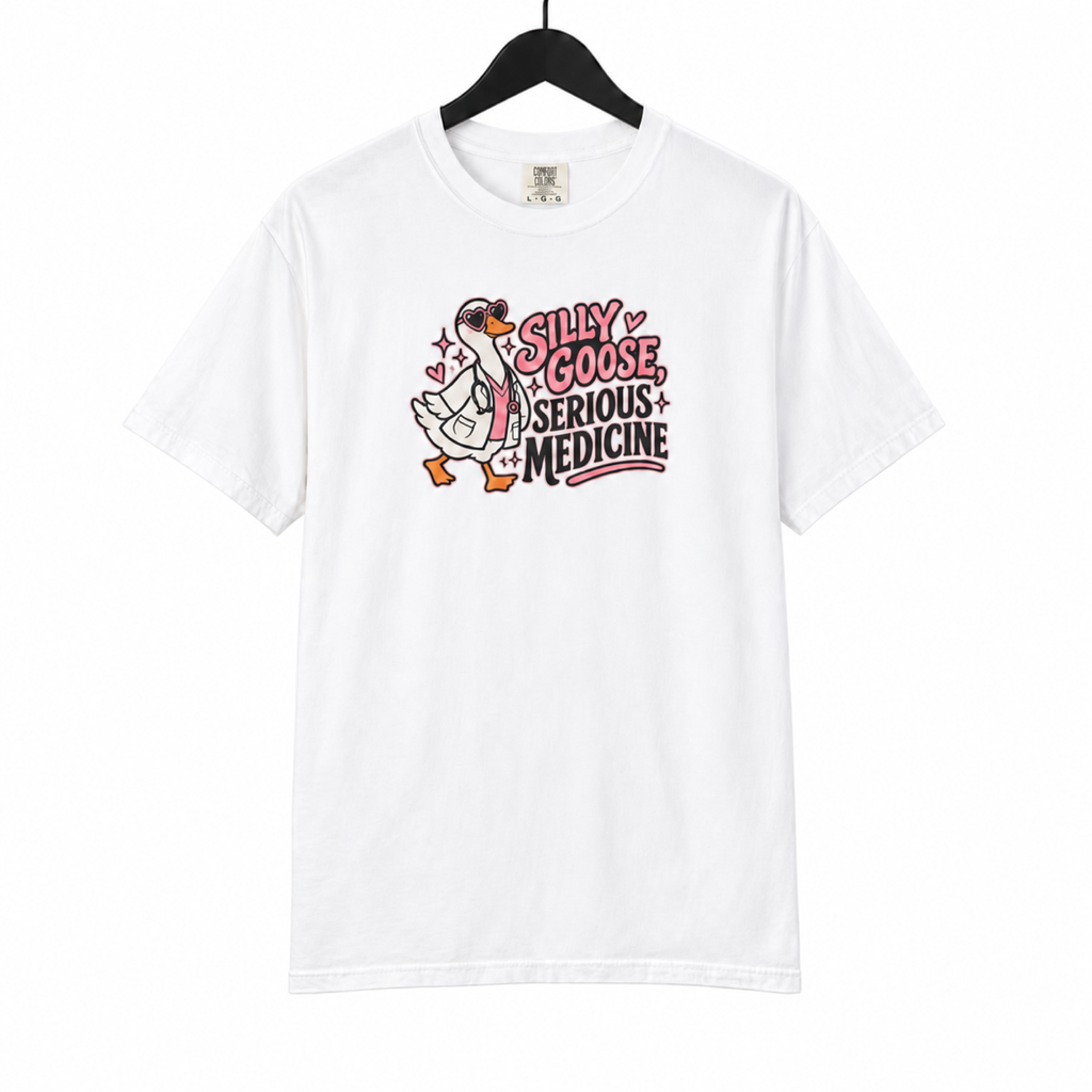 Silly Goose Serious Medicine Shirt on hanger, white background