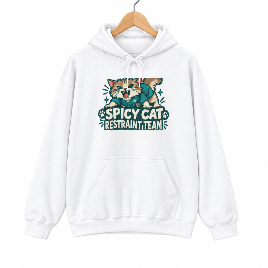 spicy cat restraint team hoodie on a hanger against a white background