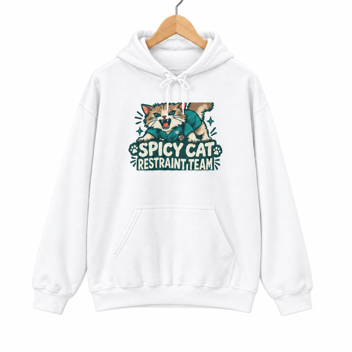 spicy cat restraint team hoodie on a hanger against a white background