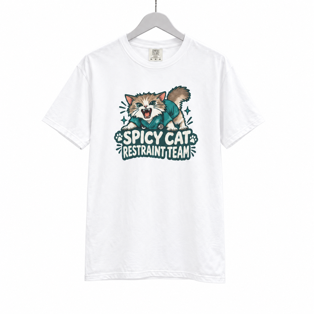 spicy cat restraint team shirt on a hanger against a white background