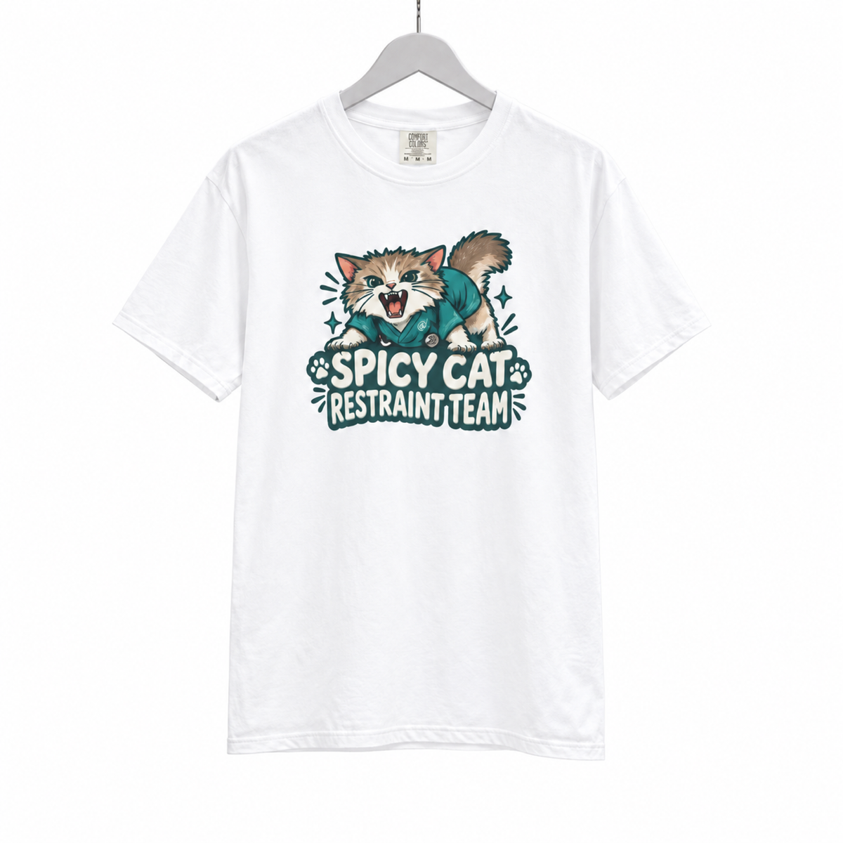 spicy cat restraint team shirt on a hanger against a white background