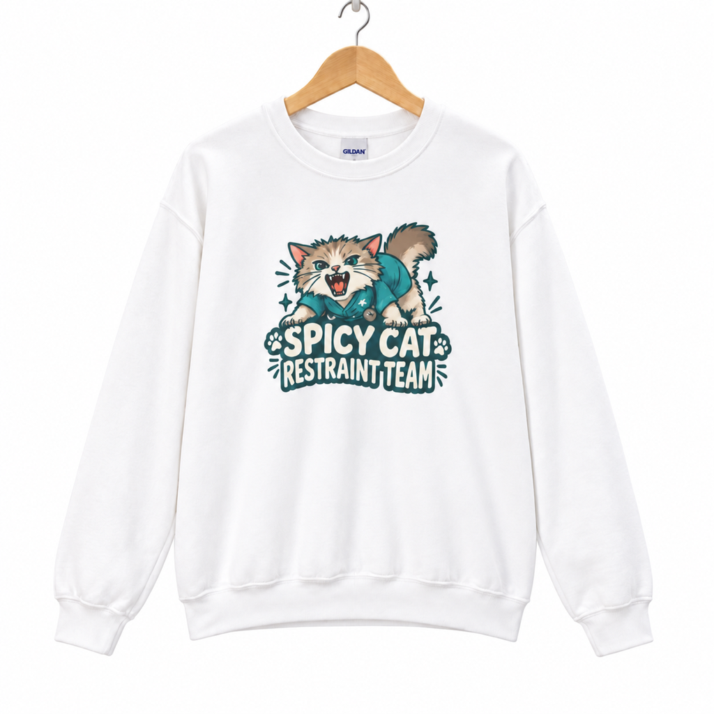 spicy cat restraint team sweatshirt on a hanger against a white background