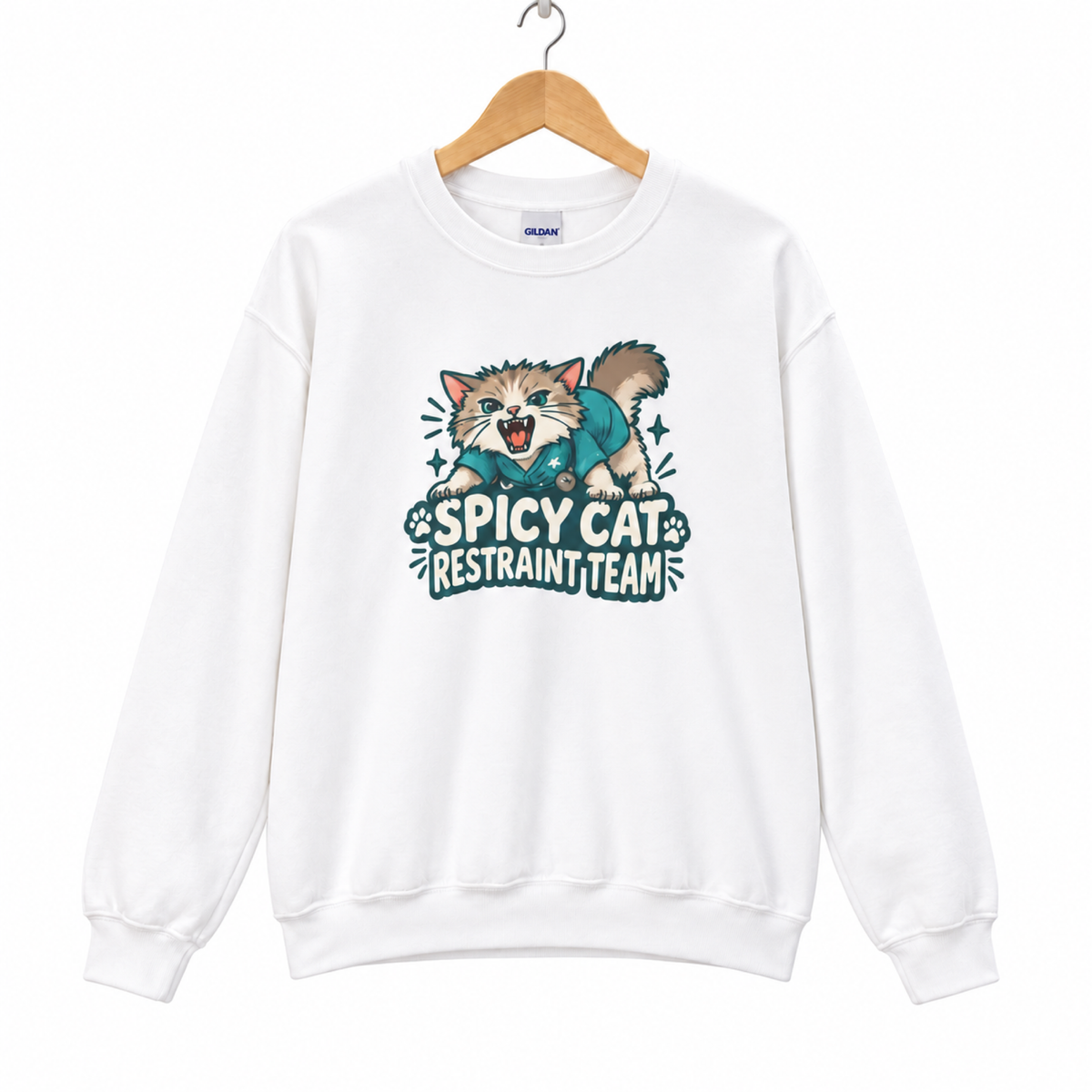 spicy cat restraint team sweatshirt on a hanger against a white background