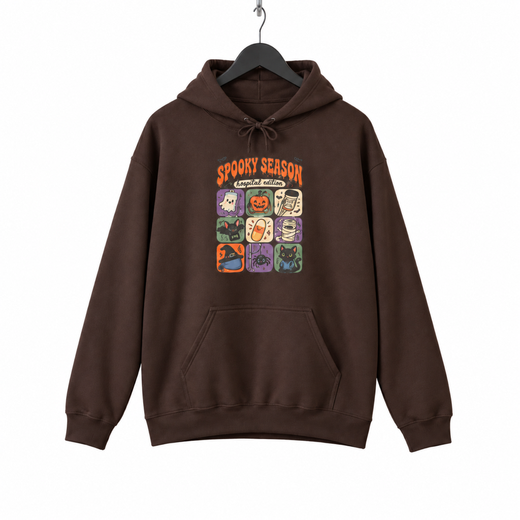 Spooky Season Hospital Edition Hoodie on hanger, white background