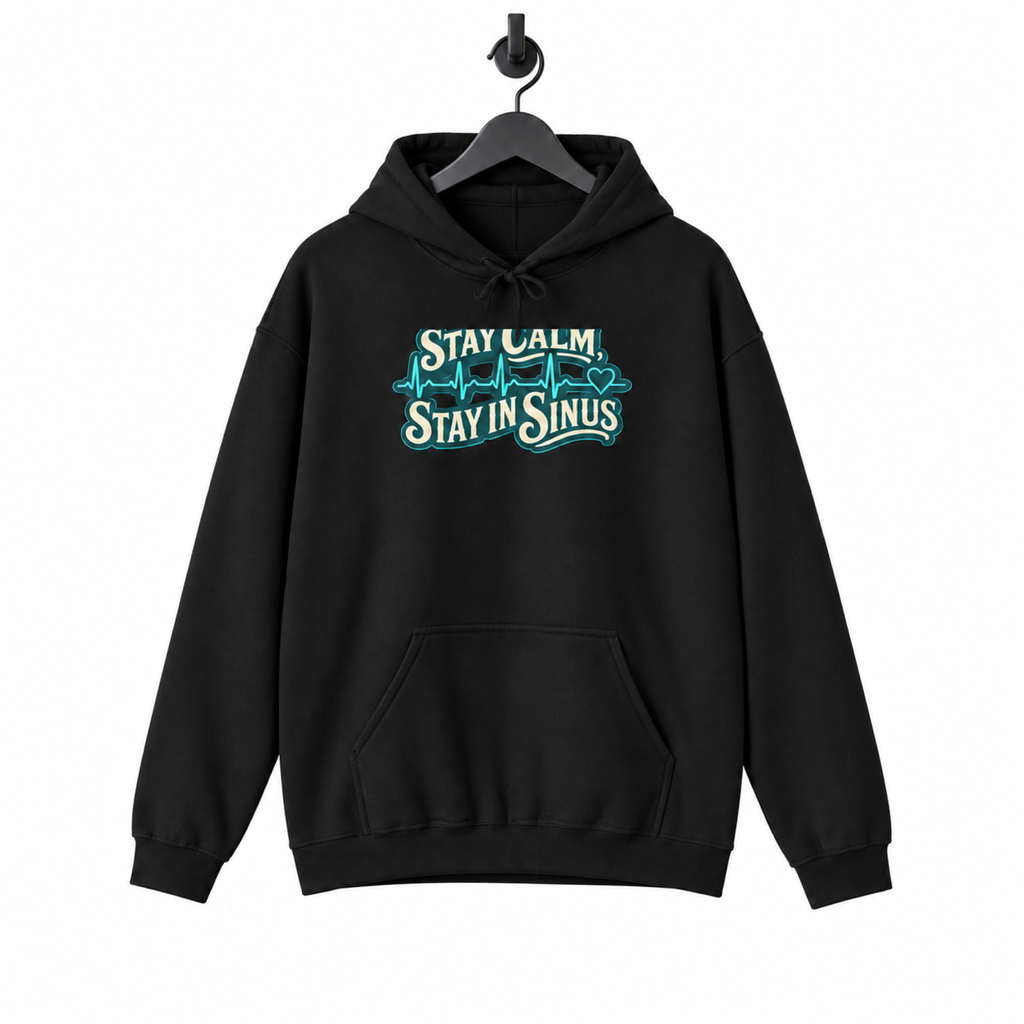 Stay Calm Stay in Sinus Hoodie on a hanger against a white background