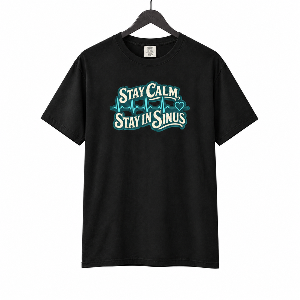 Stay Calm Stay in Sinus Shirt on a hanger against a white background